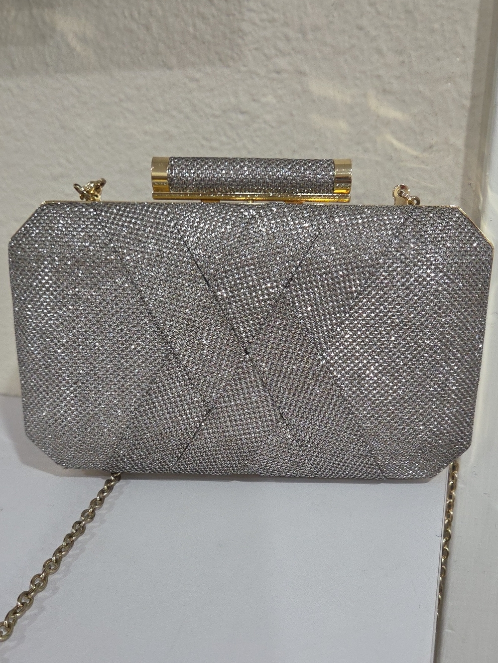 Inc International Elegant Silver Crystal Evening Clutch with Gold Chain